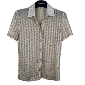 Crochet-like button front tan‎ blouse size small